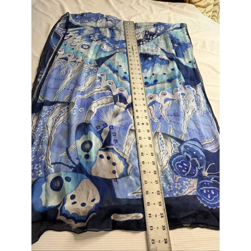 Salvatore Ferragamo Blue Butterfly Floral Silk Chiffon Scarf Italy Large